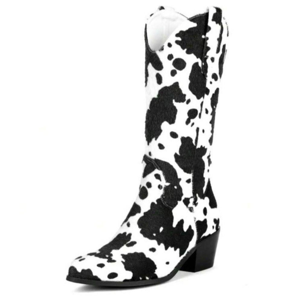 Western Rancher Faux Suede Black White Cow Print Cowboy Cowgirl Boots 9 Zip Side